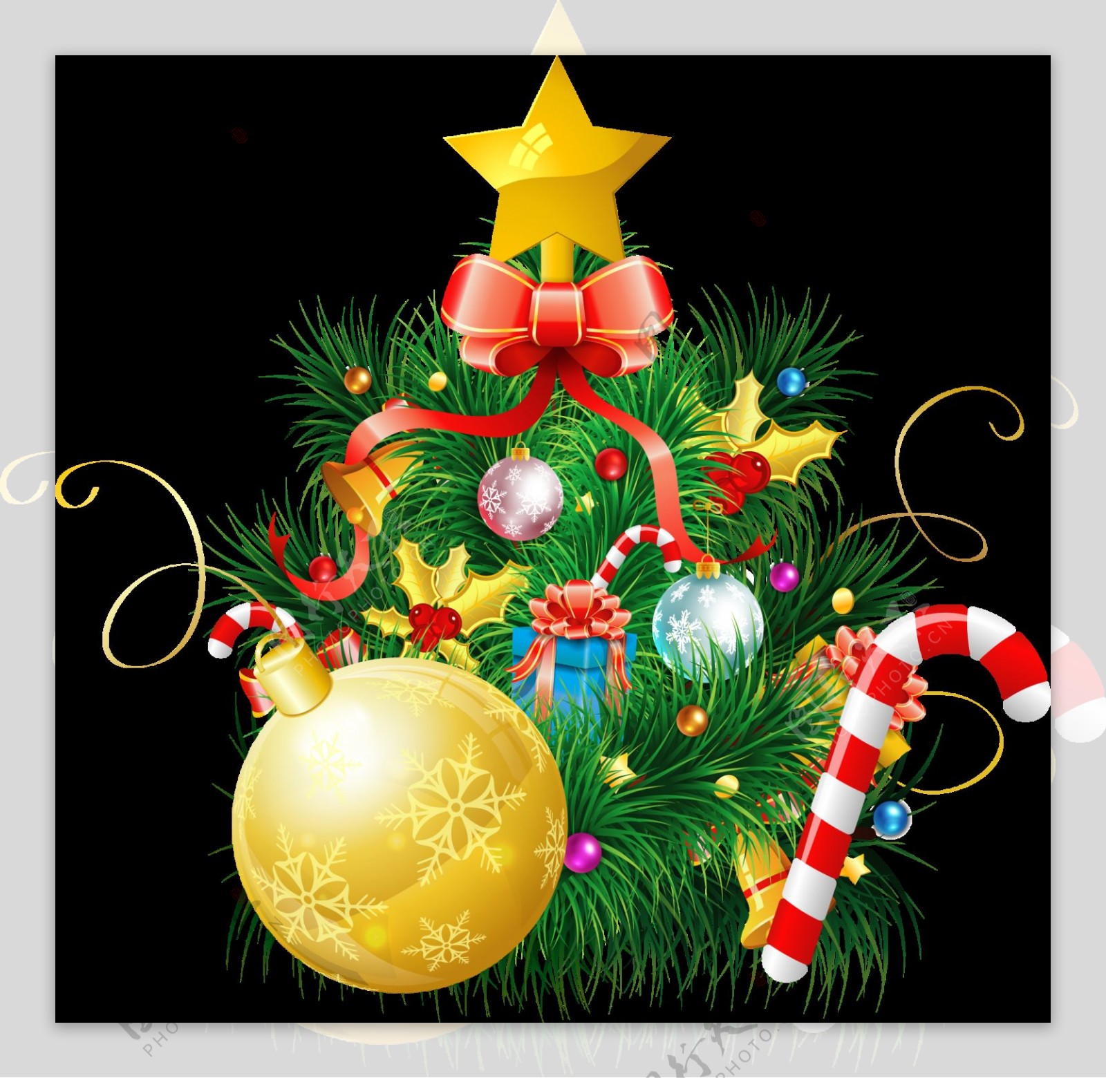 圣诞树卡通五角星挂礼物png元素