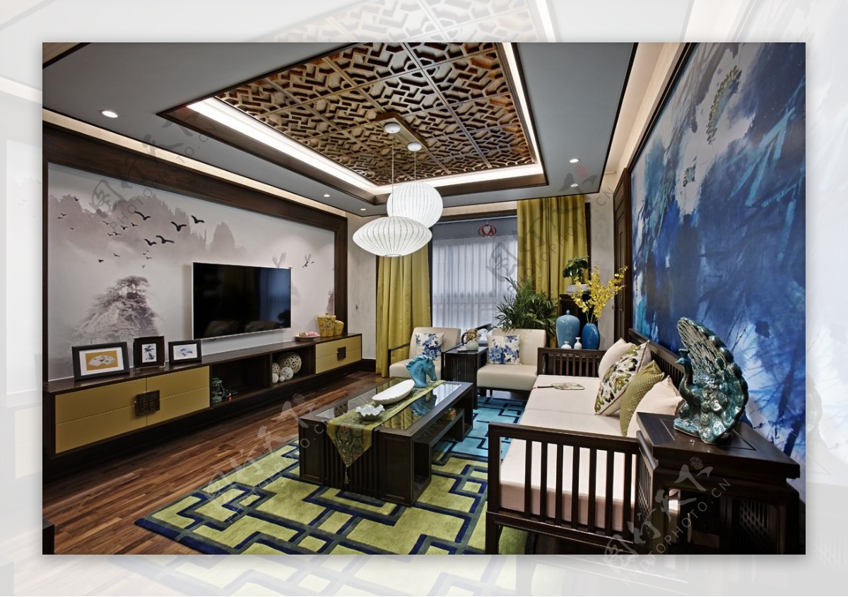 中国风客厅花纹地毯装修效果图