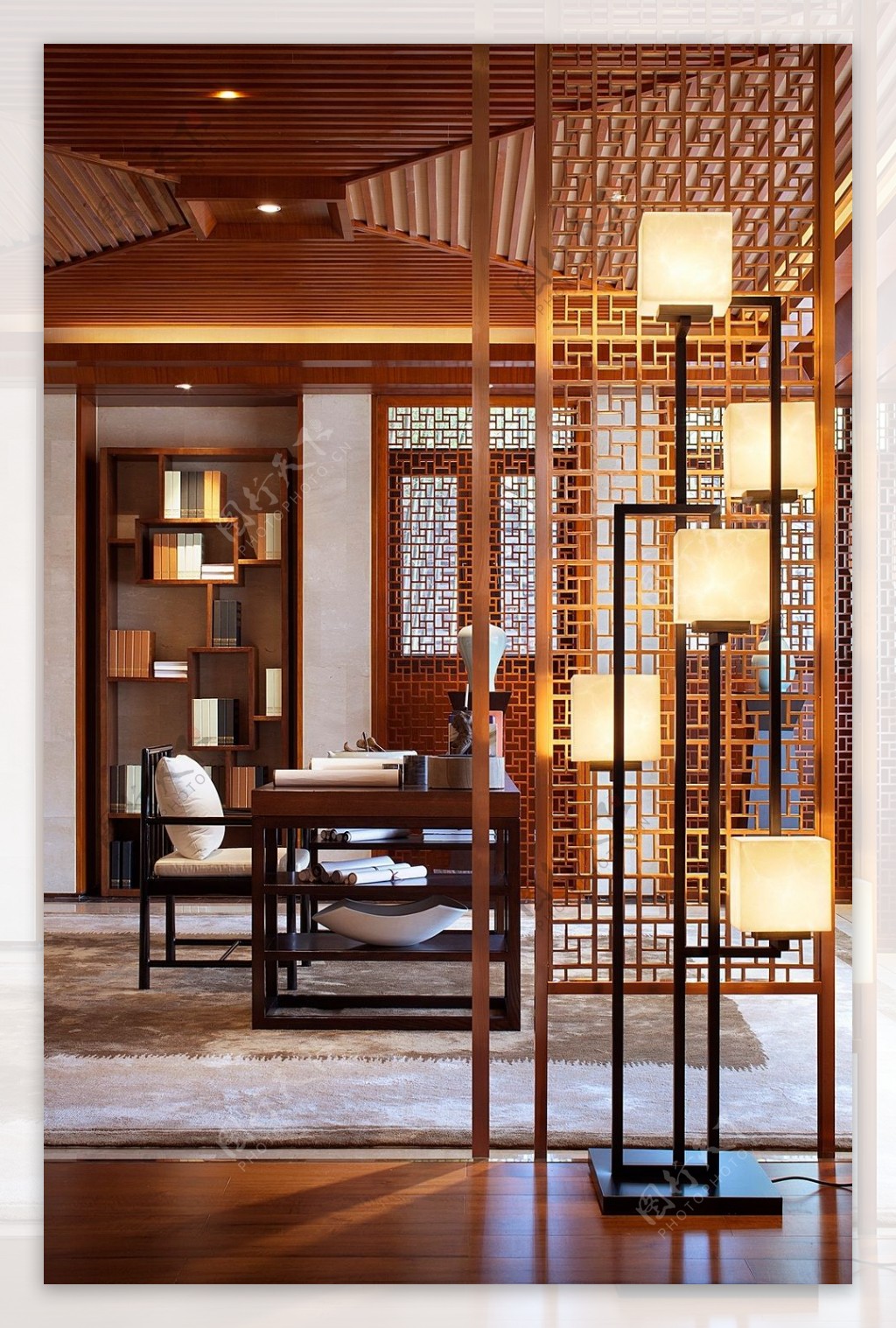 中式古典风格网格屏风书房设计效果图