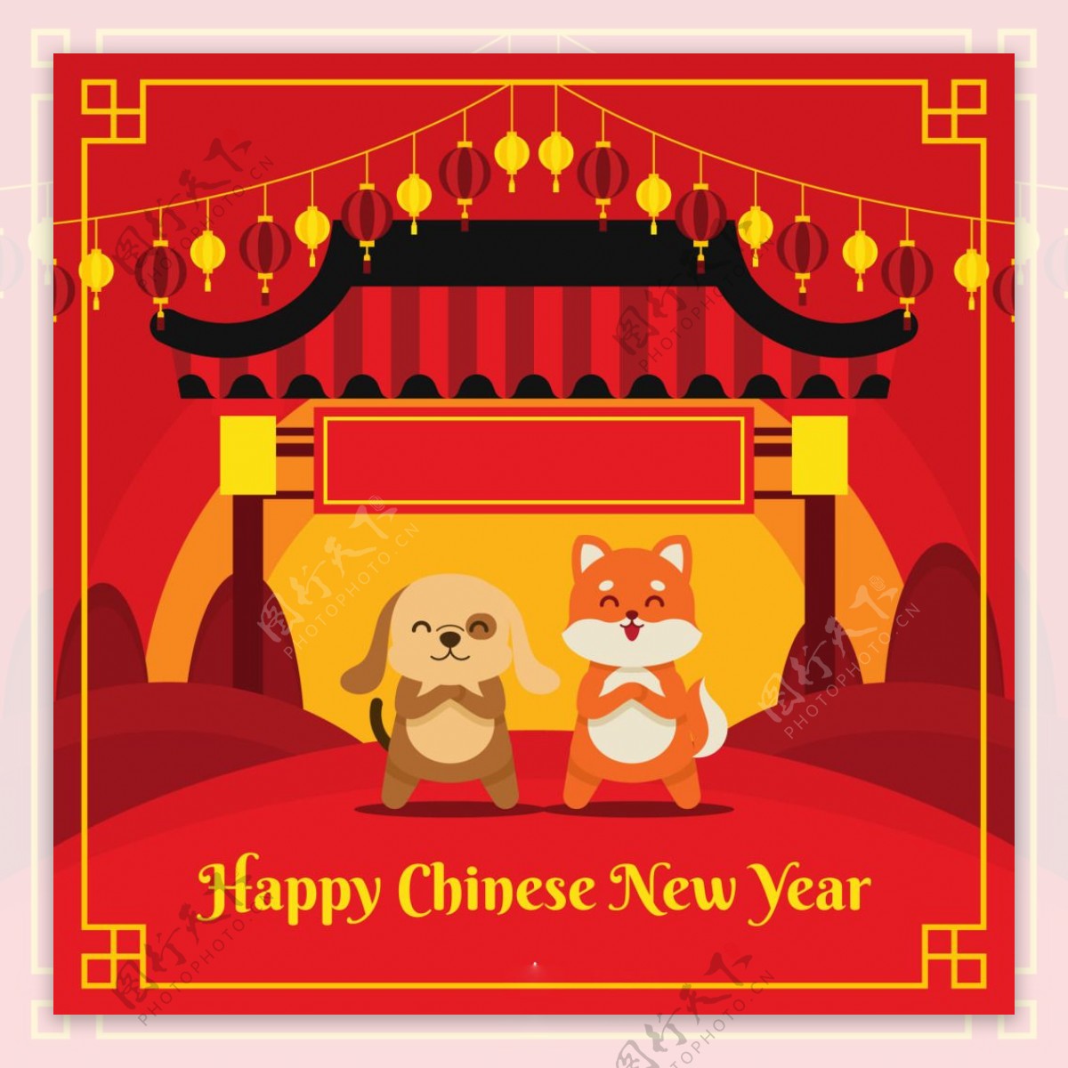 卡通动物插画的中国新年海报