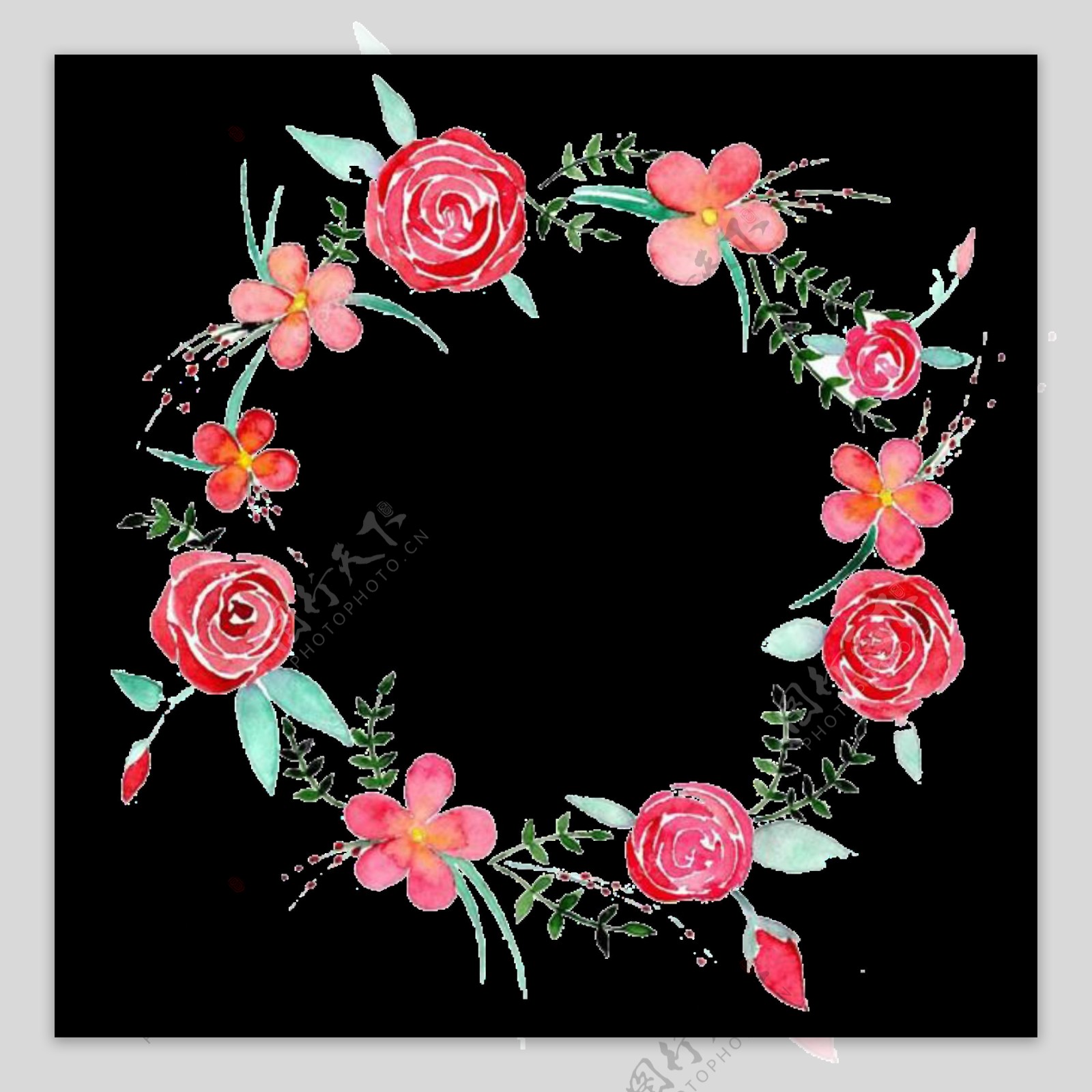 清新深粉色玫瑰花手绘花环装饰元素