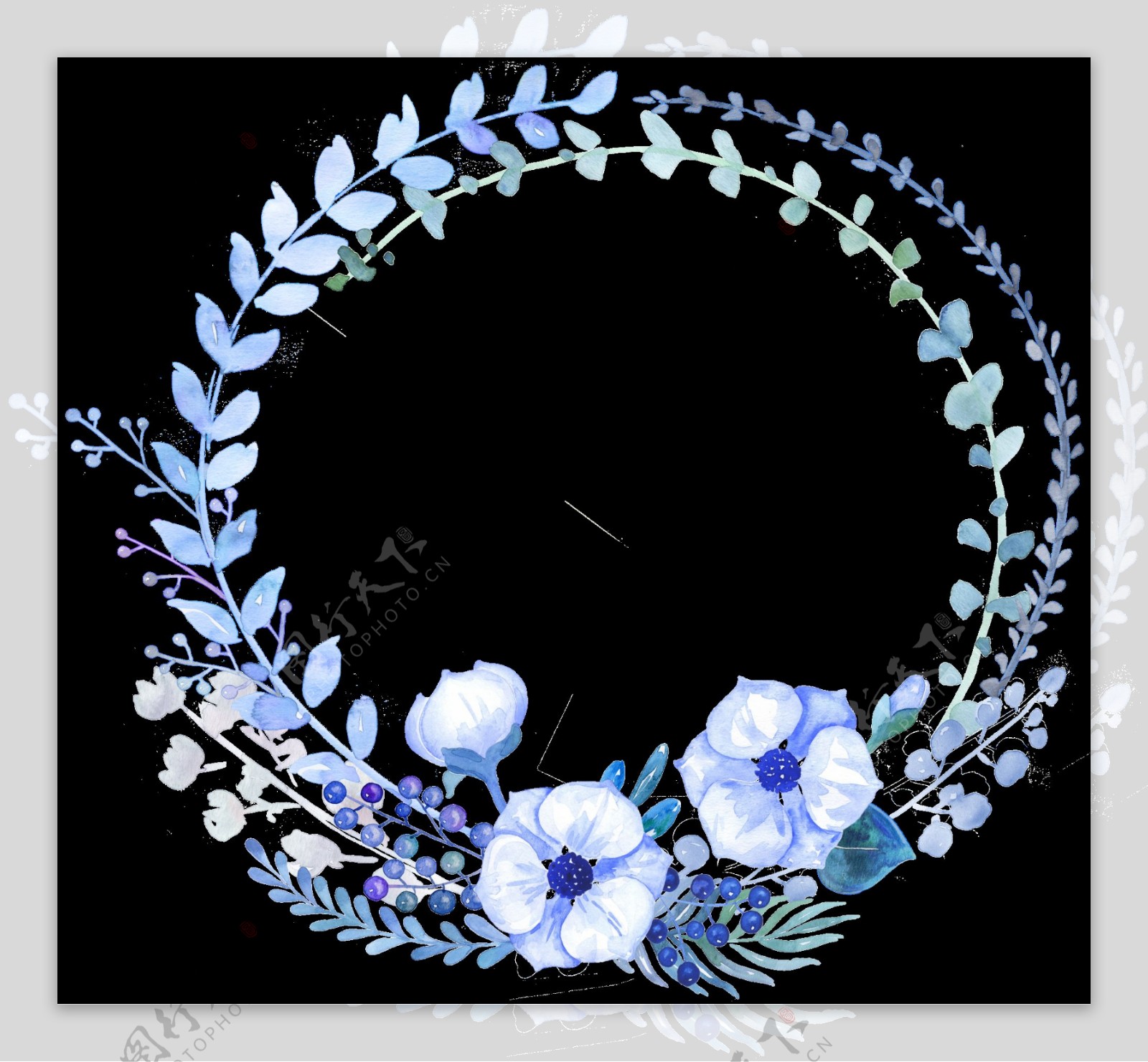 雅致淡蓝色手绘花环装饰元素