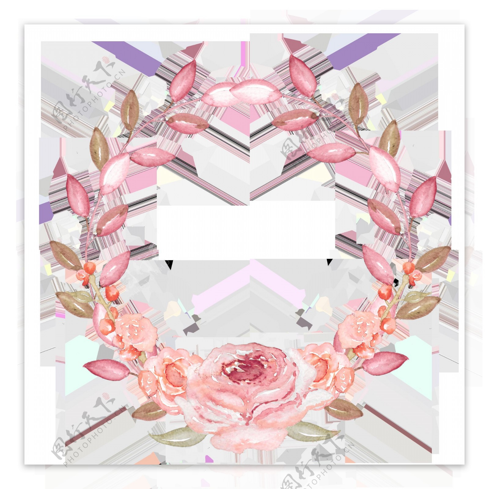 粉色文雅圆形手绘花环装饰元素
