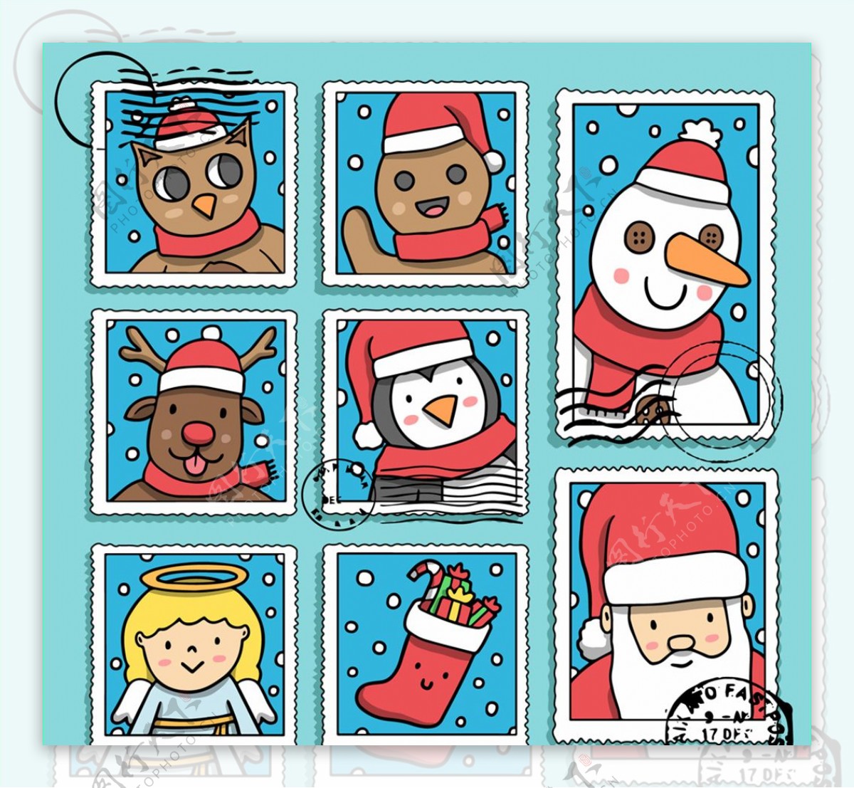 8款彩绘圣诞节邮票矢量素材