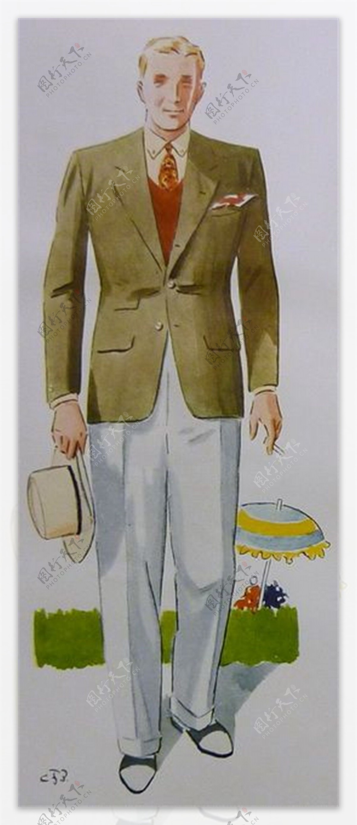 绅士土黄色西装外套男装效果图