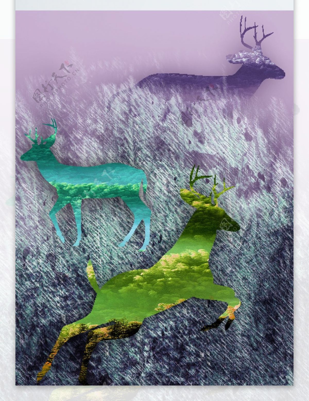 抽象梦幻紫色鹿影客厅装饰画