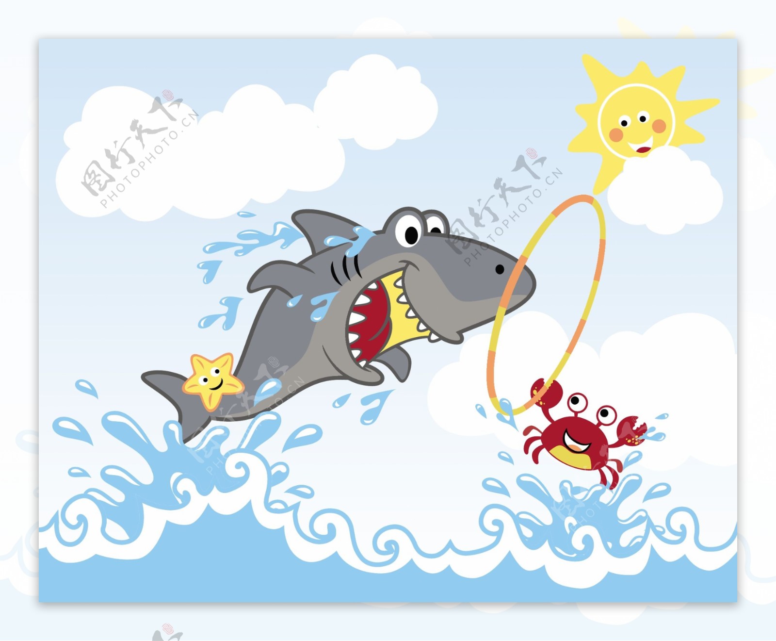 可爱笑口鲨鱼海洋儿童插画