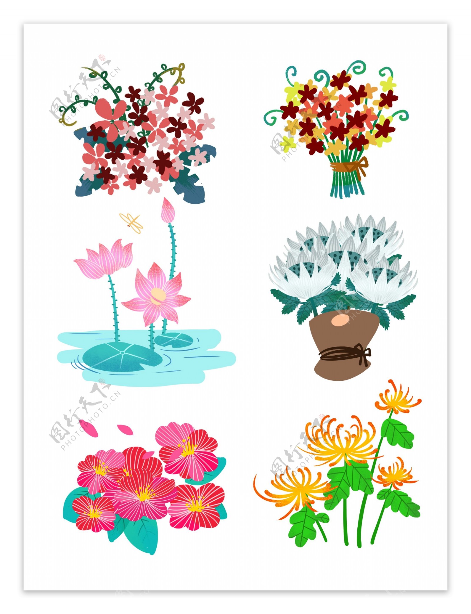 6组卡通手绘彩色花朵花卉装饰元素图案合集