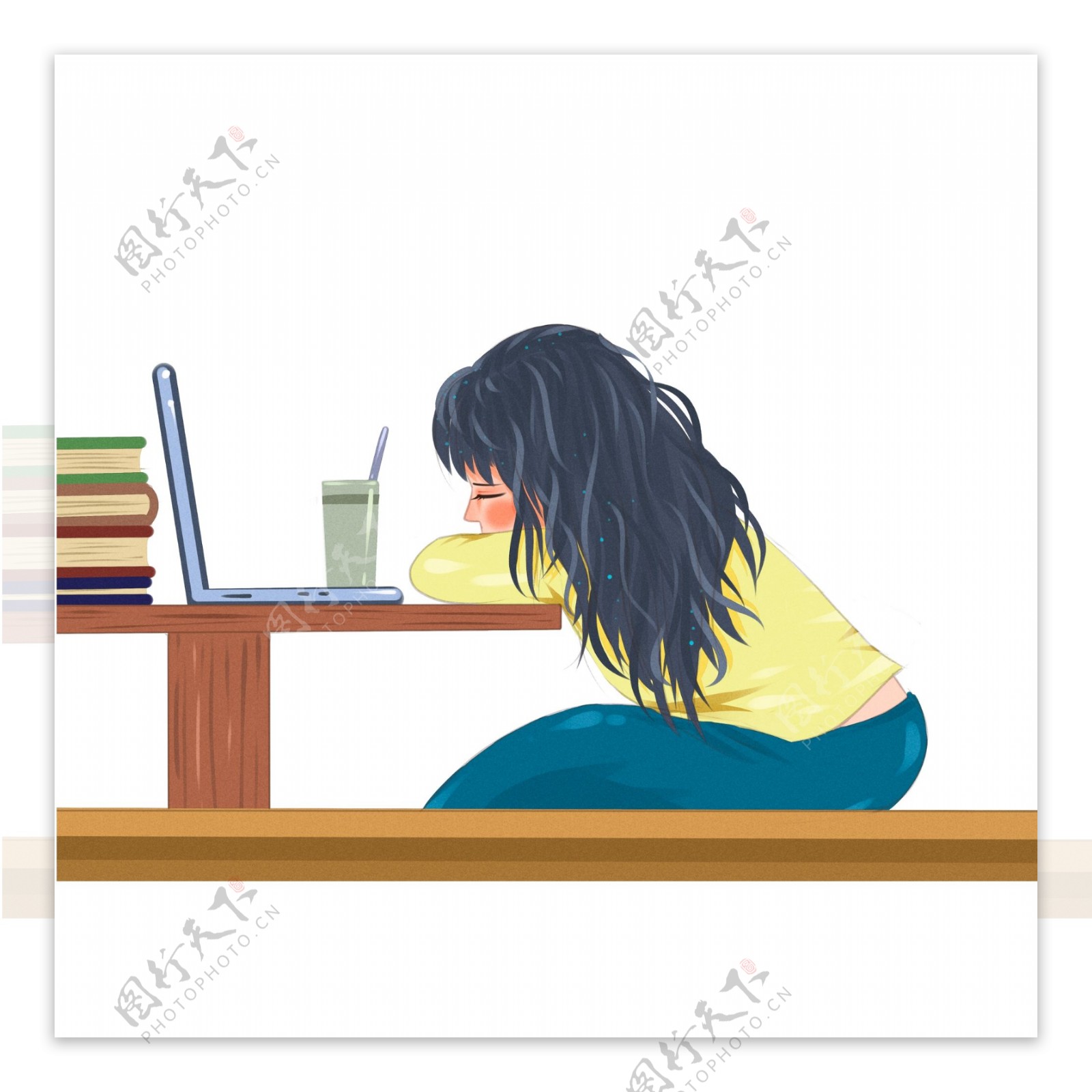 手绘坐在榻榻米上学习的女孩可商用元素