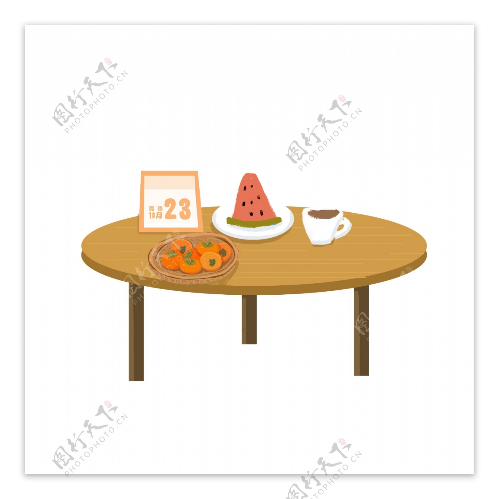 手绘桌子上的日历水果和热茶可商用元素