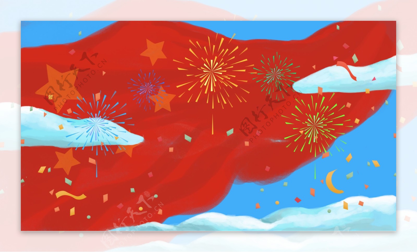 彩绘红旗烟花国庆节背景素材