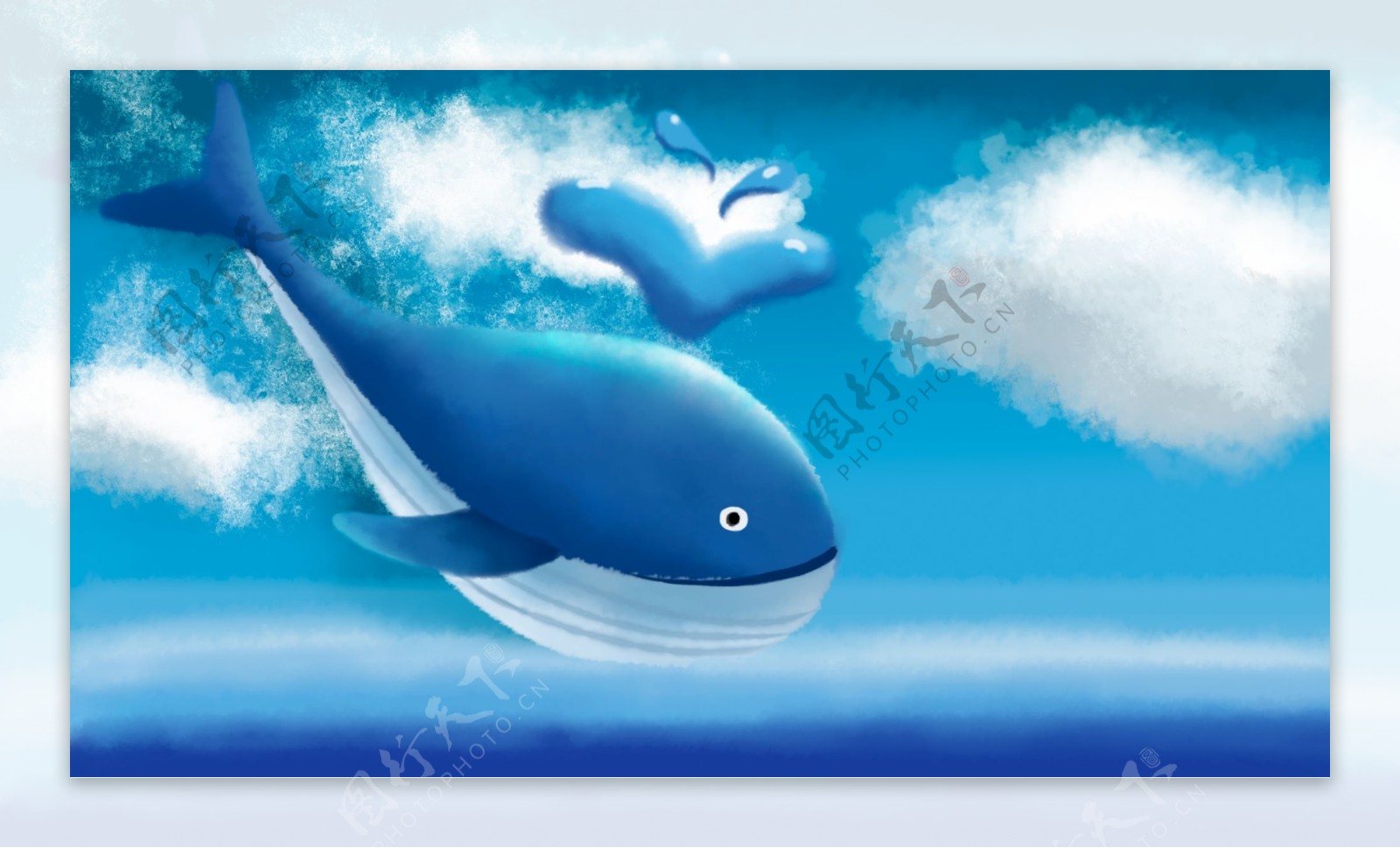 蓝色喷水鲸鱼蓝色海洋清新背景