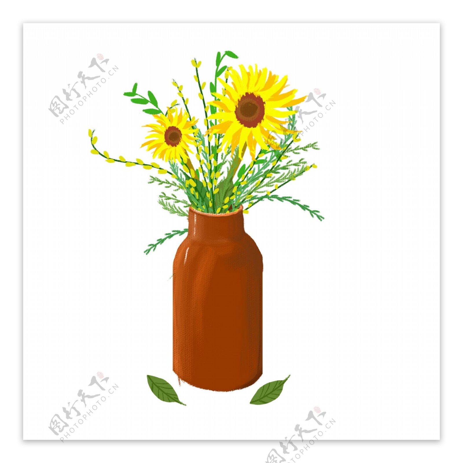 手绘风格植物花瓶里的向日葵花朵
