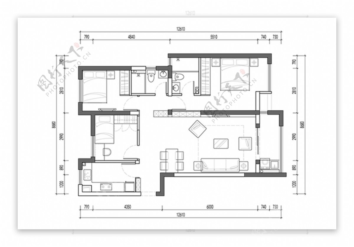 CAD三室两厅高层户型平面布置图