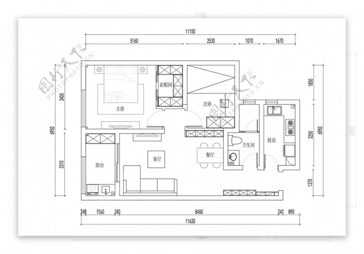 两室一厅CAD平面方案