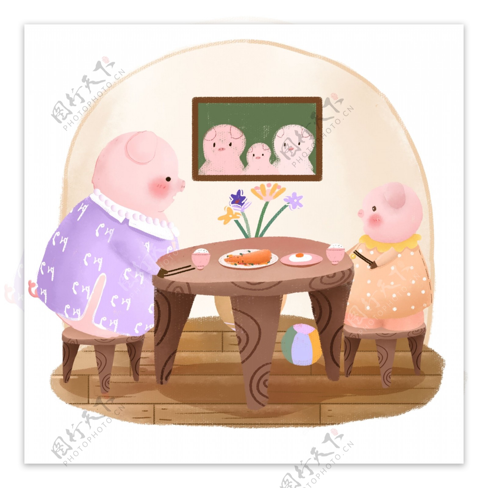 生肖动物猪吃饭卡通可爱儿童手绘插画元素