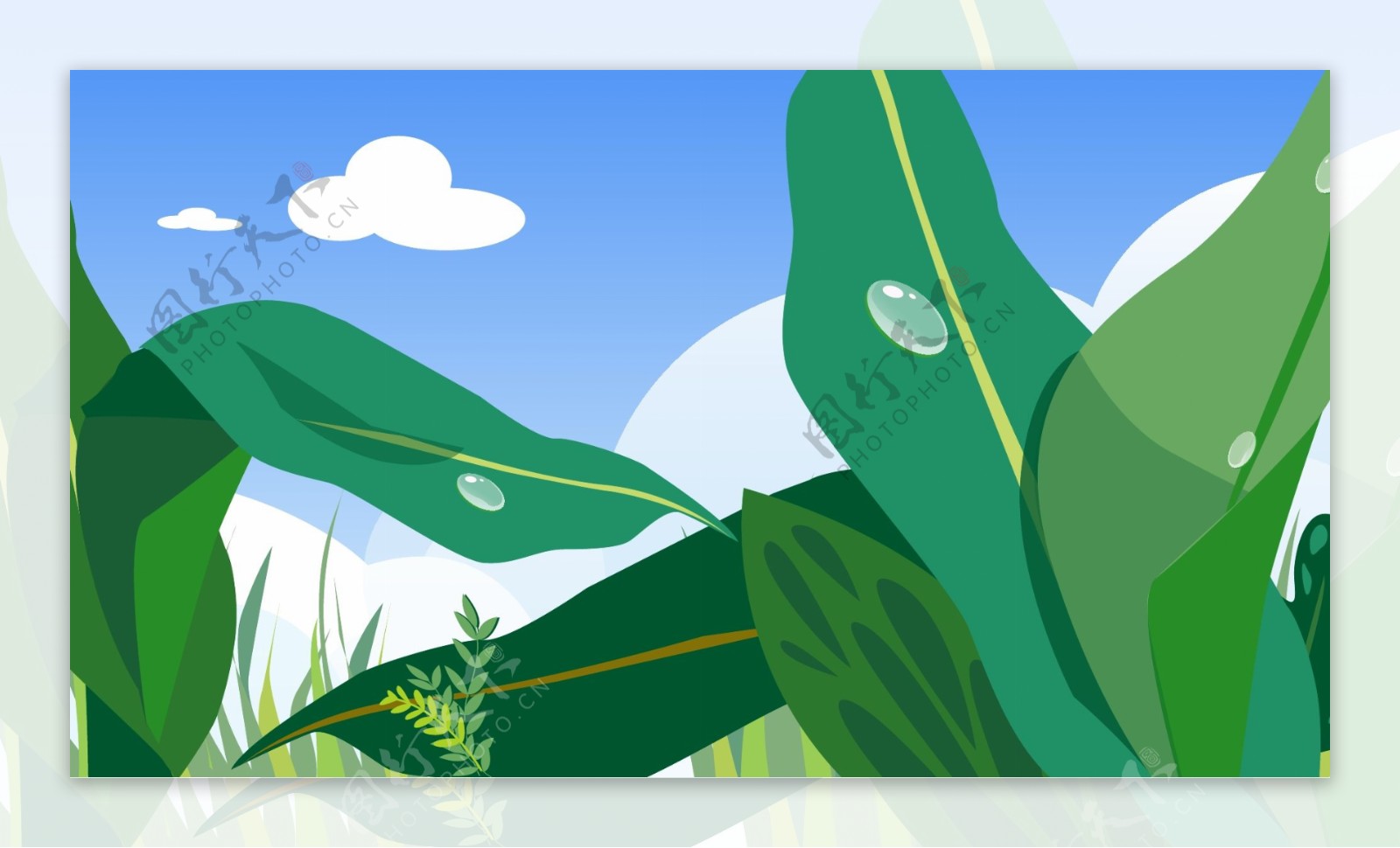 蓝天树木植物插画背景素材图
