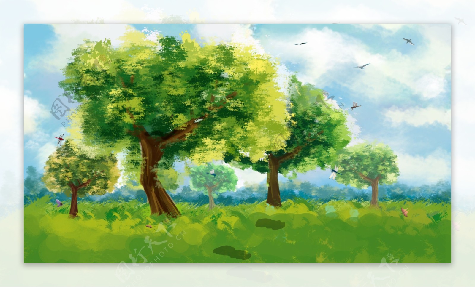 手绘清新草地树木天空插画背景设计
