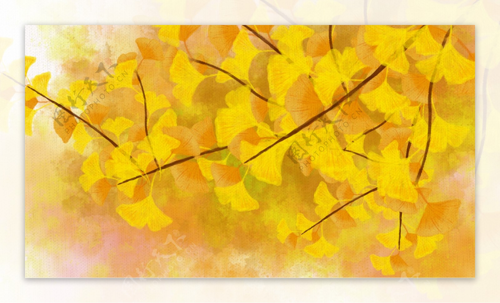唯美彩绘秋季银杏树叶背景素材