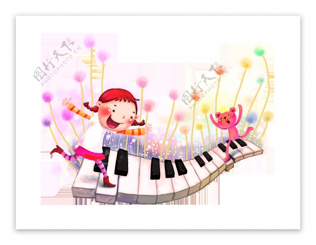 梦幻卡通女孩脚踏琴键png元素