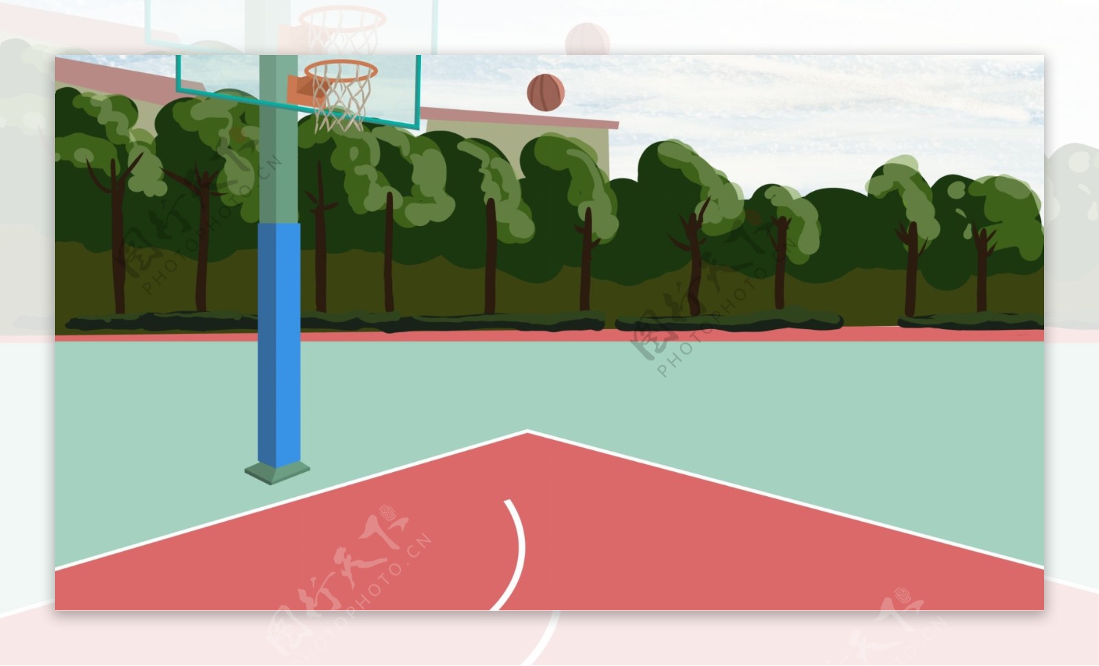 彩绘校园风篮球场背景素材