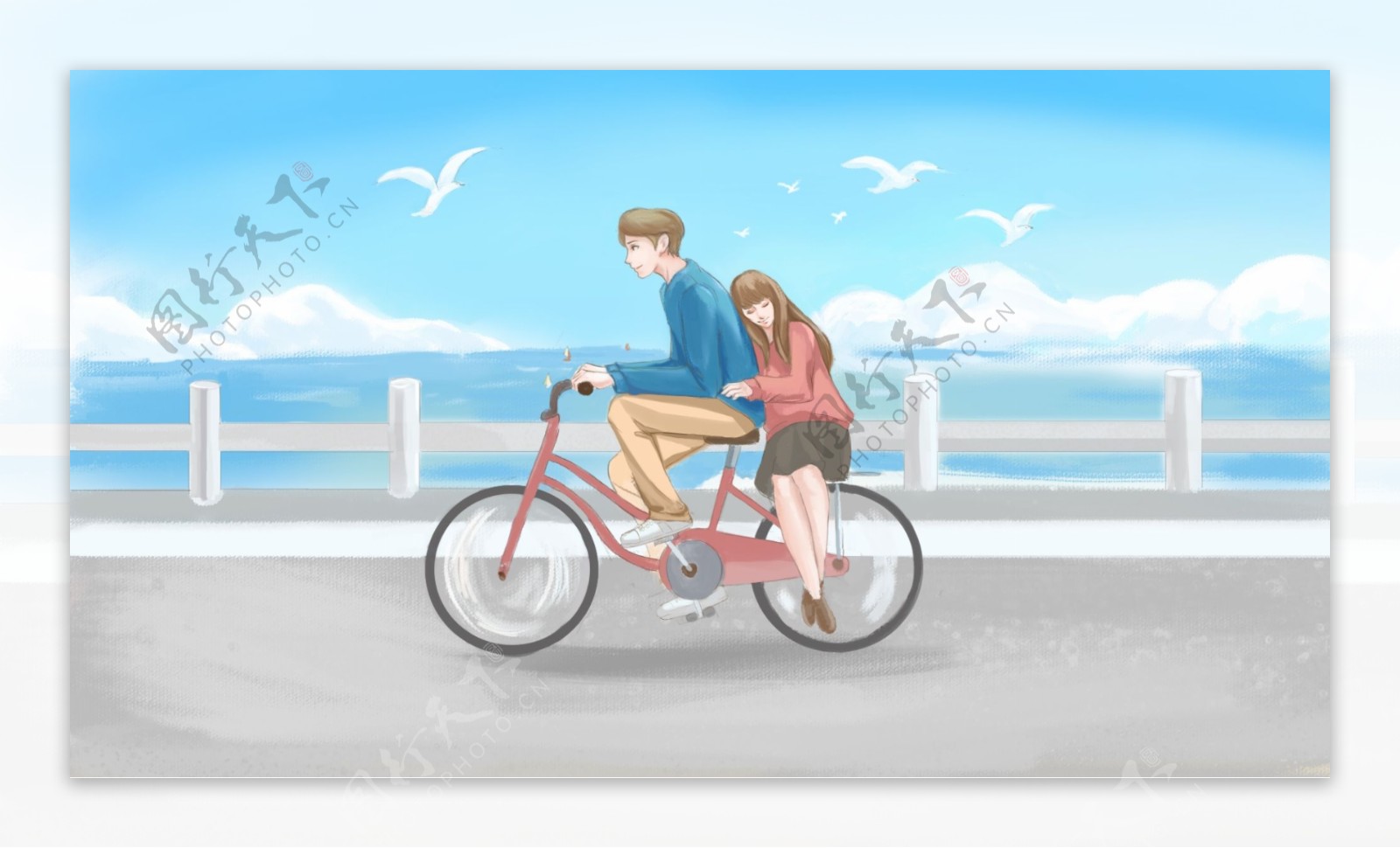 蓝色浪漫情人节海滩插画
