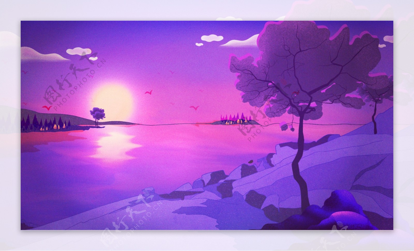 紫色唯美日落西山美景背景设计