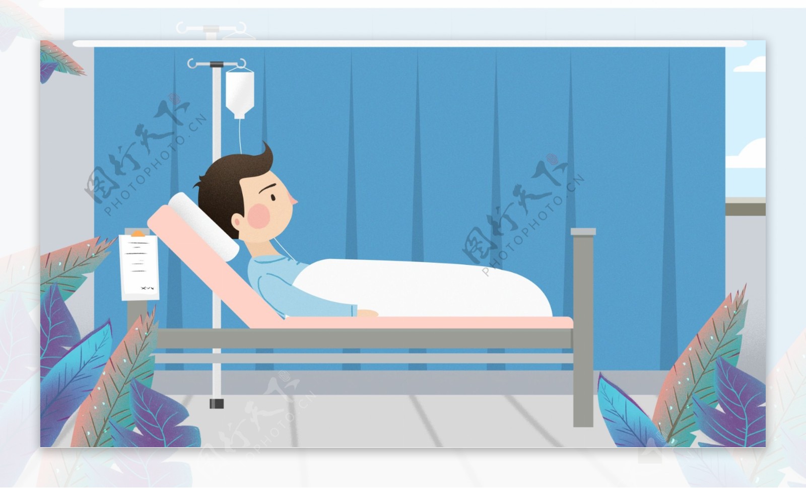 躺在病床上的输液的病人卡通背景