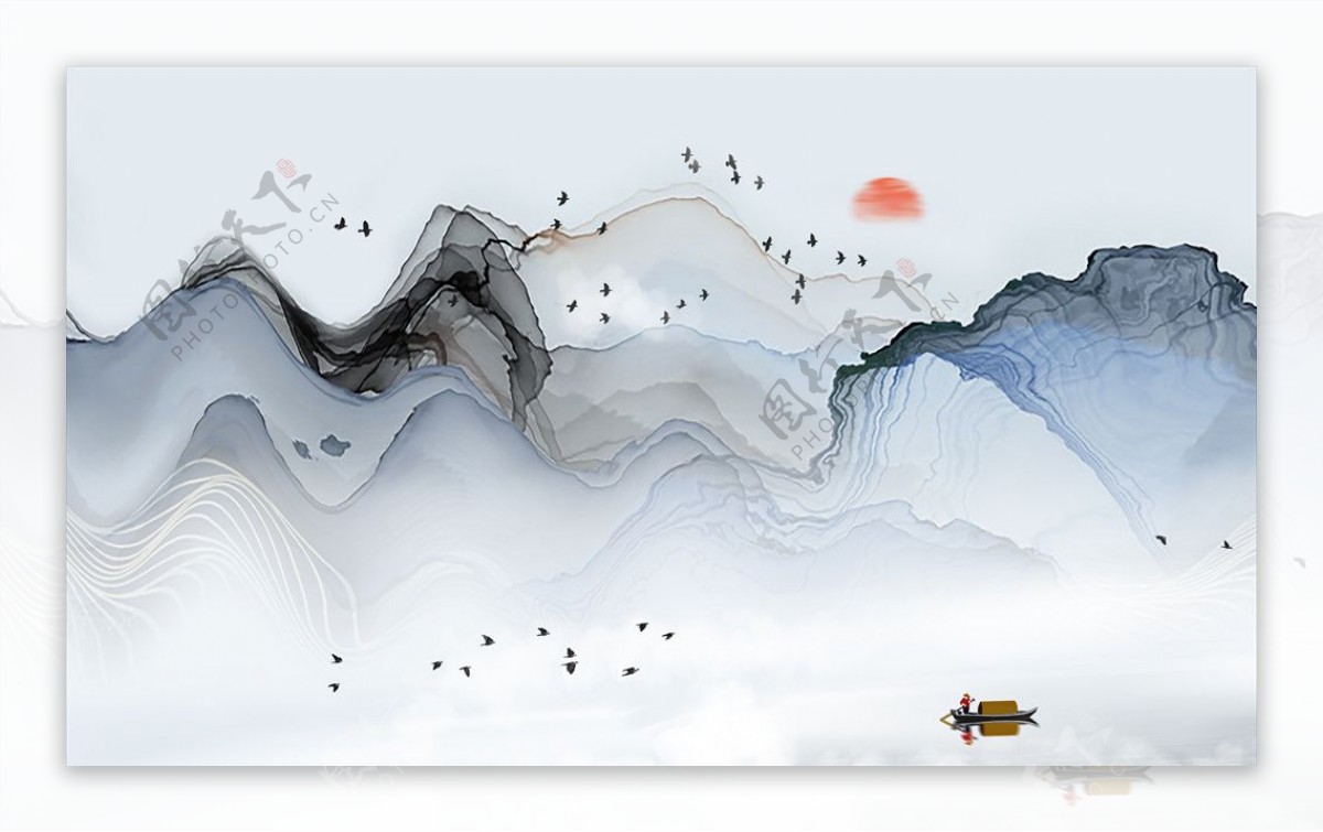 新中式抽象水墨唯美山水背景墙