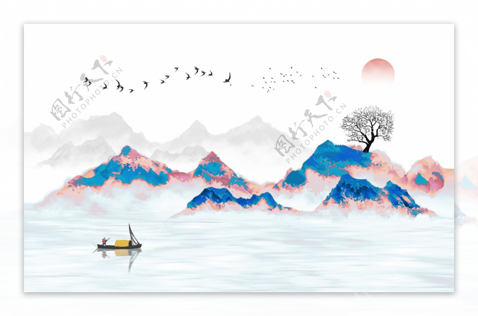 新中式水墨国画抽象山水背景墙定