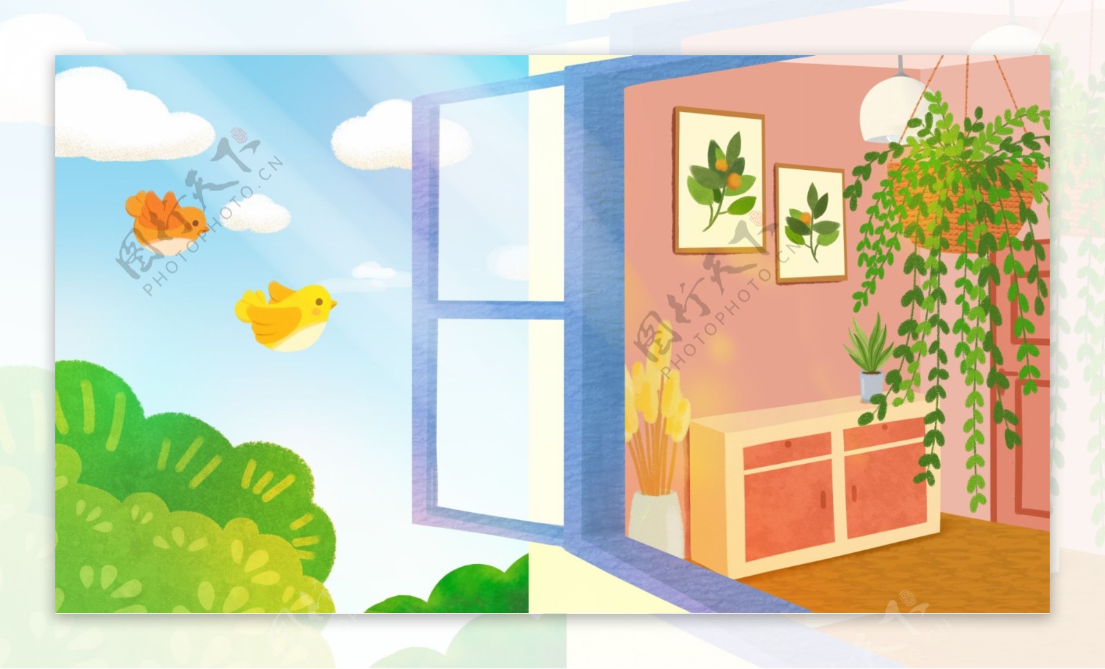 彩绘温馨可爱窗户外蓝天植物背景设计