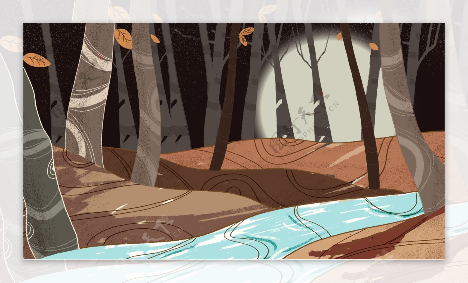 童话风可爱树林森林流水背景设计