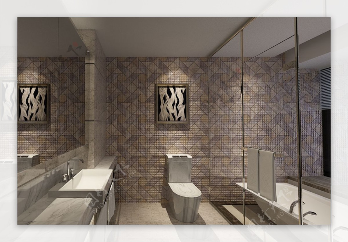 商务酒店现代轻奢背景墙马赛克卫生间带浴缸