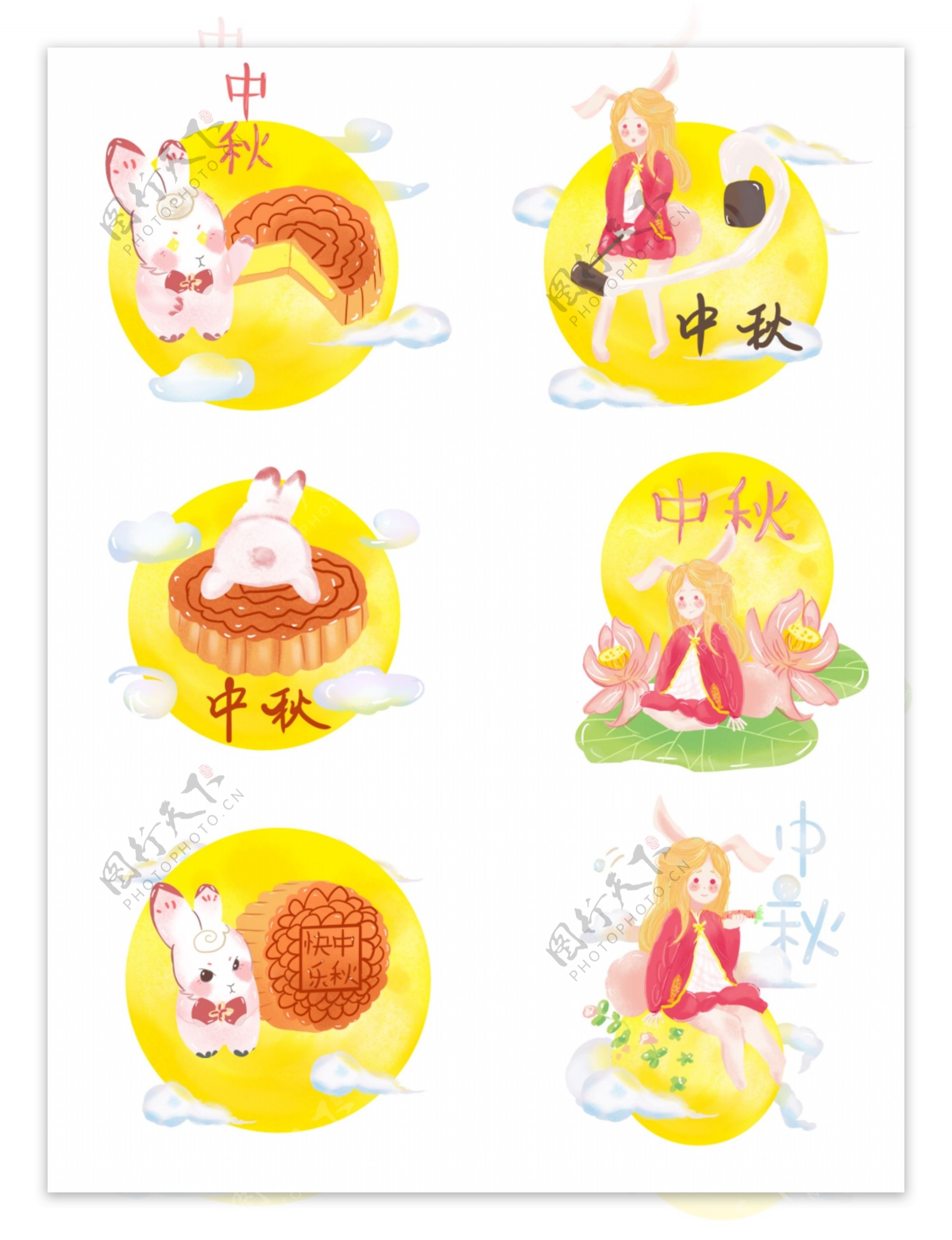 中秋节手绘人物小女孩兔子月亮月饼商用元素