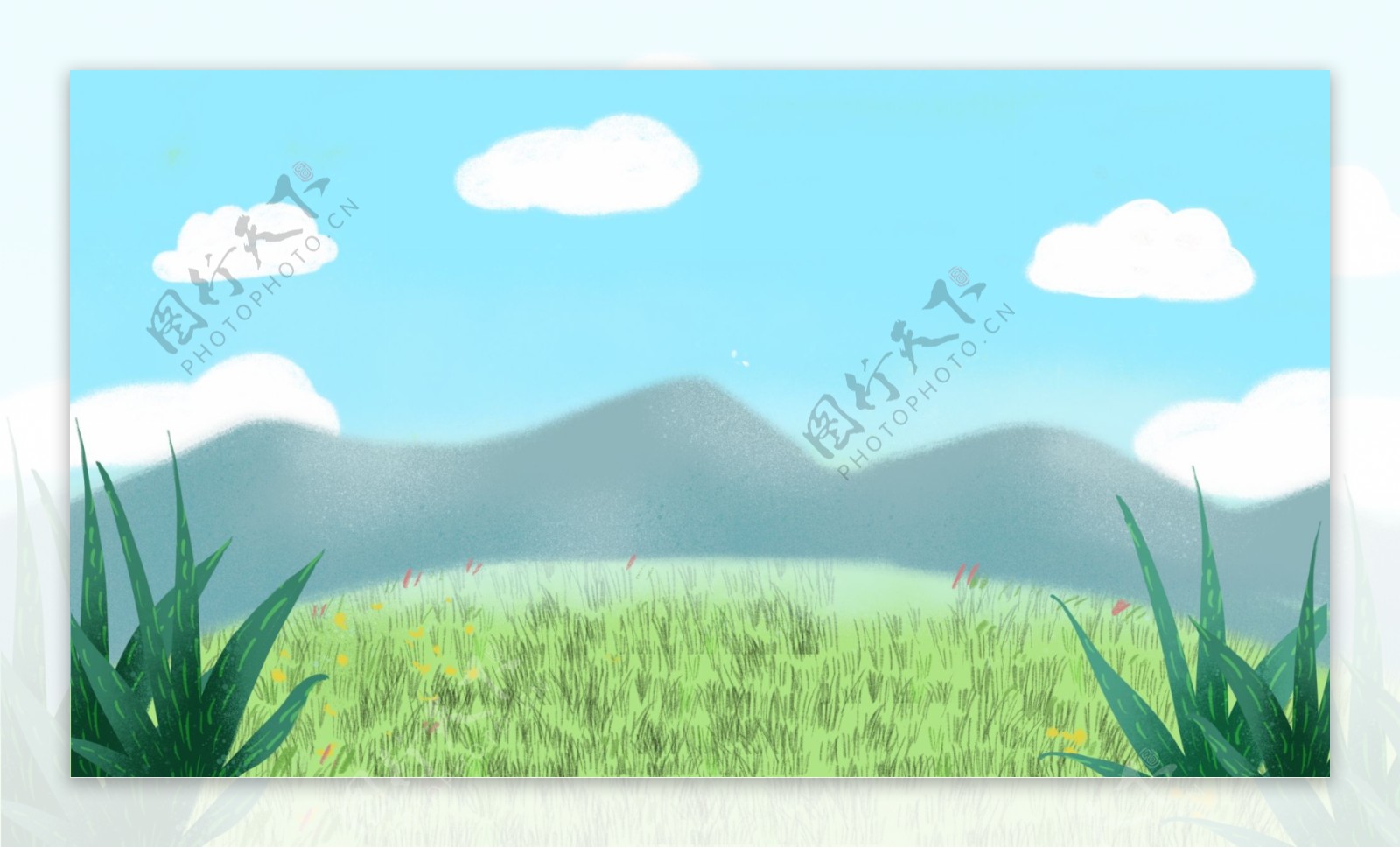 蓝天白云下的草地卡通清新背景图