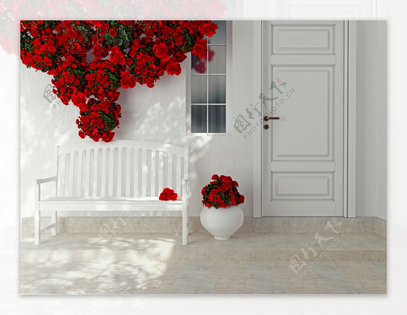 红色鲜花与白色的长椅