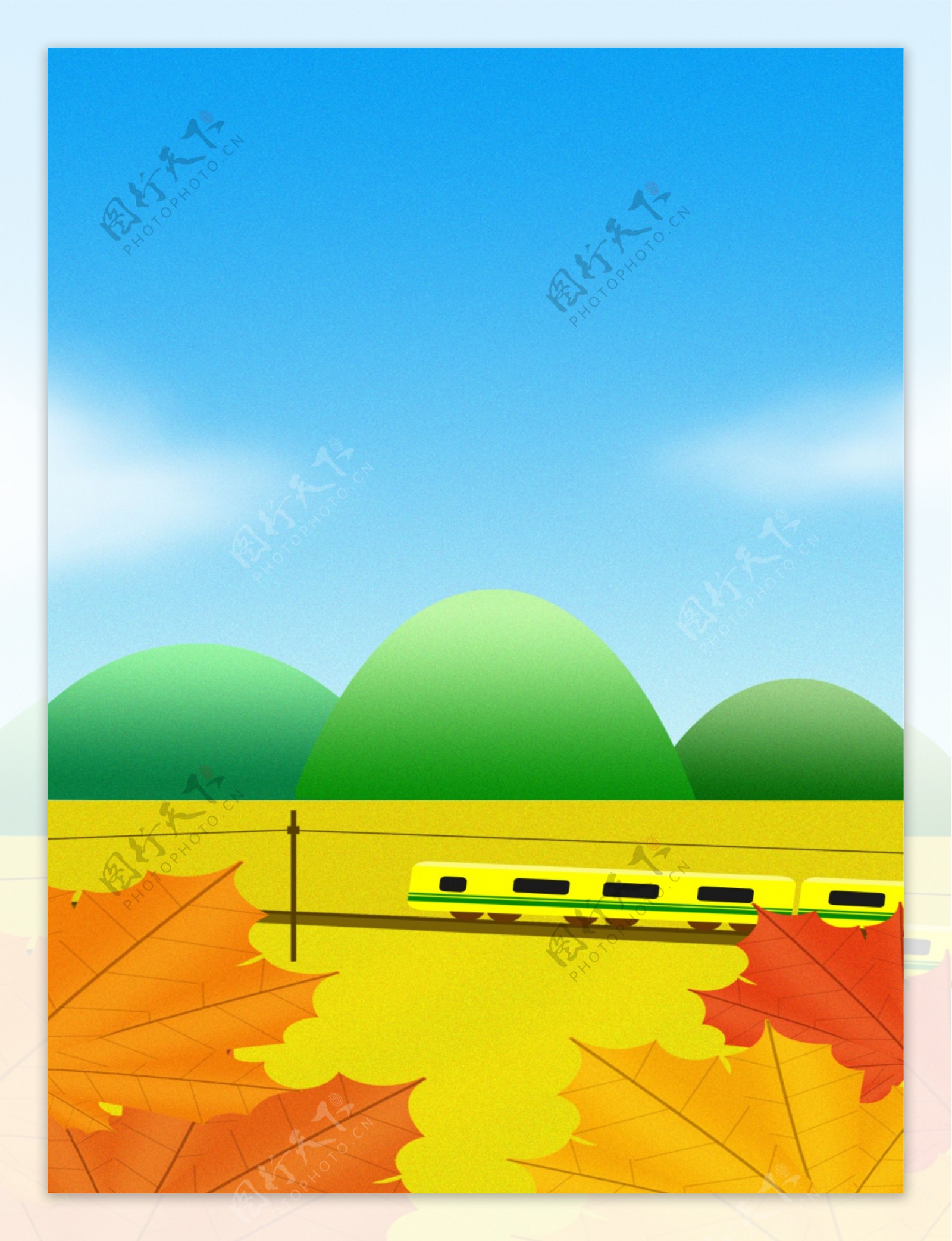 手绘卡通秋天原野上的火车广告背景