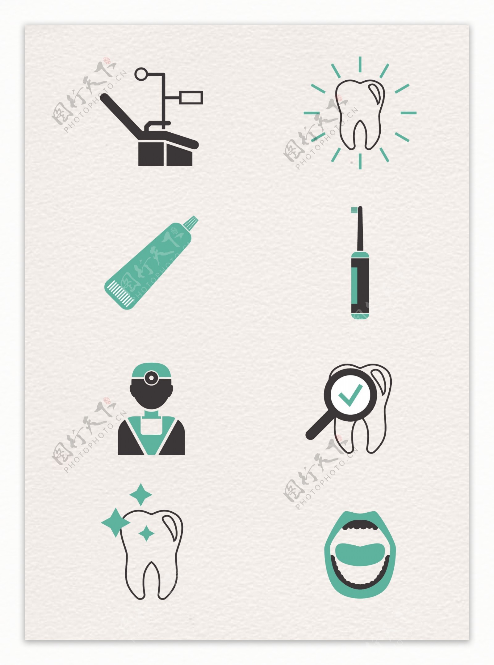 卡通绿色牙齿医疗图标集合