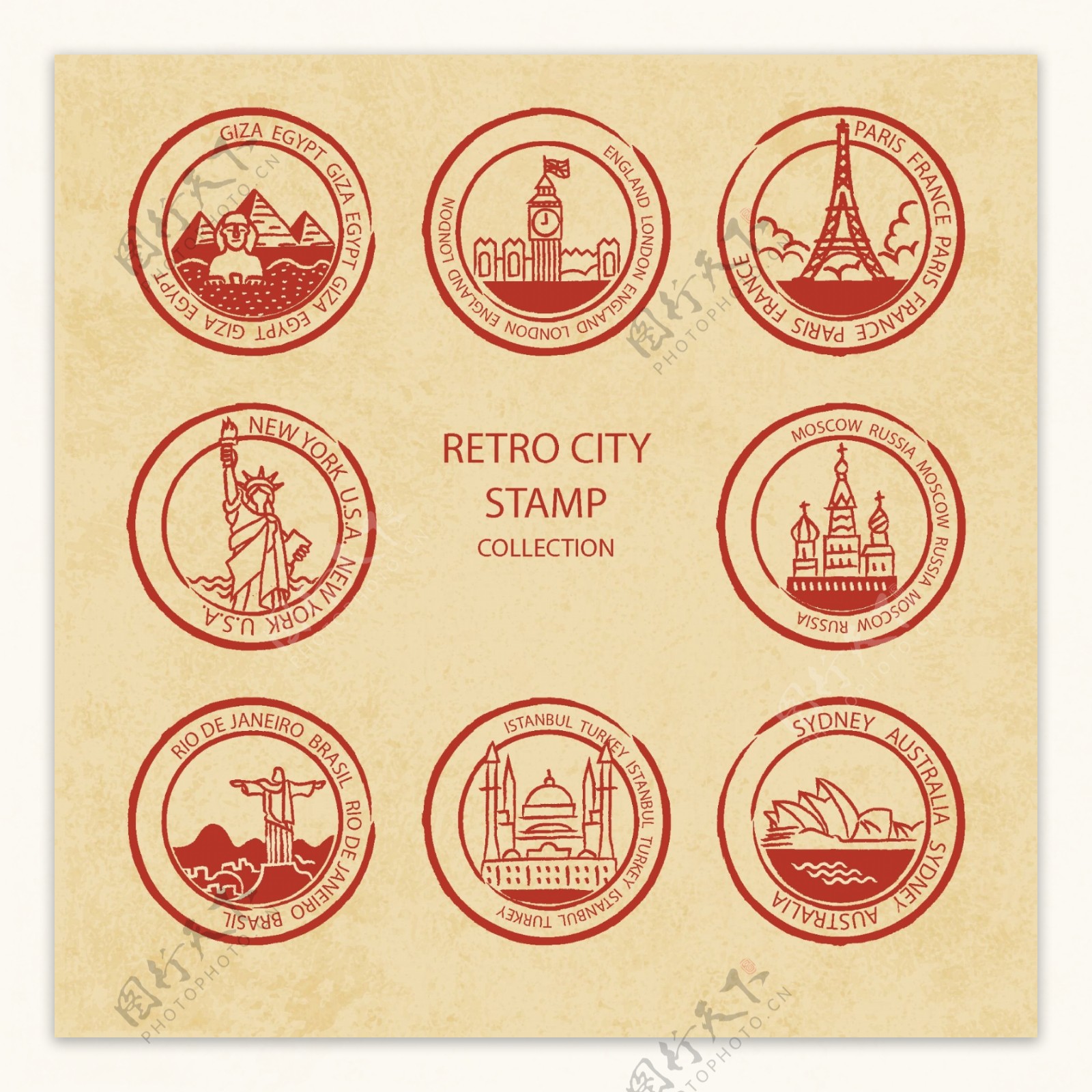 8款圆形世界建筑邮票元素