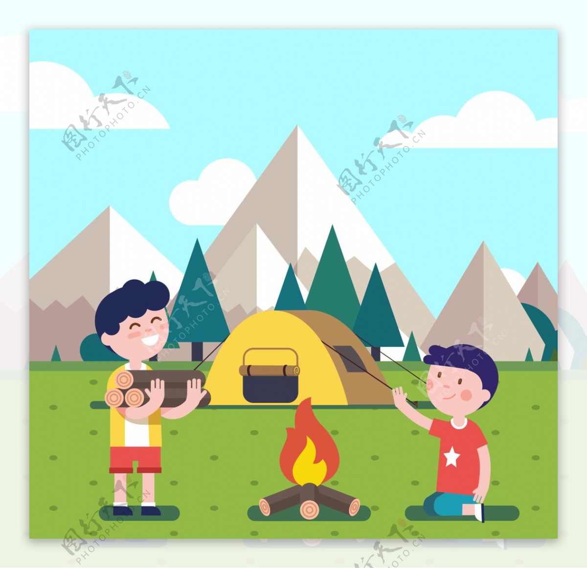 手绘两个少年在帐篷外烧火插画