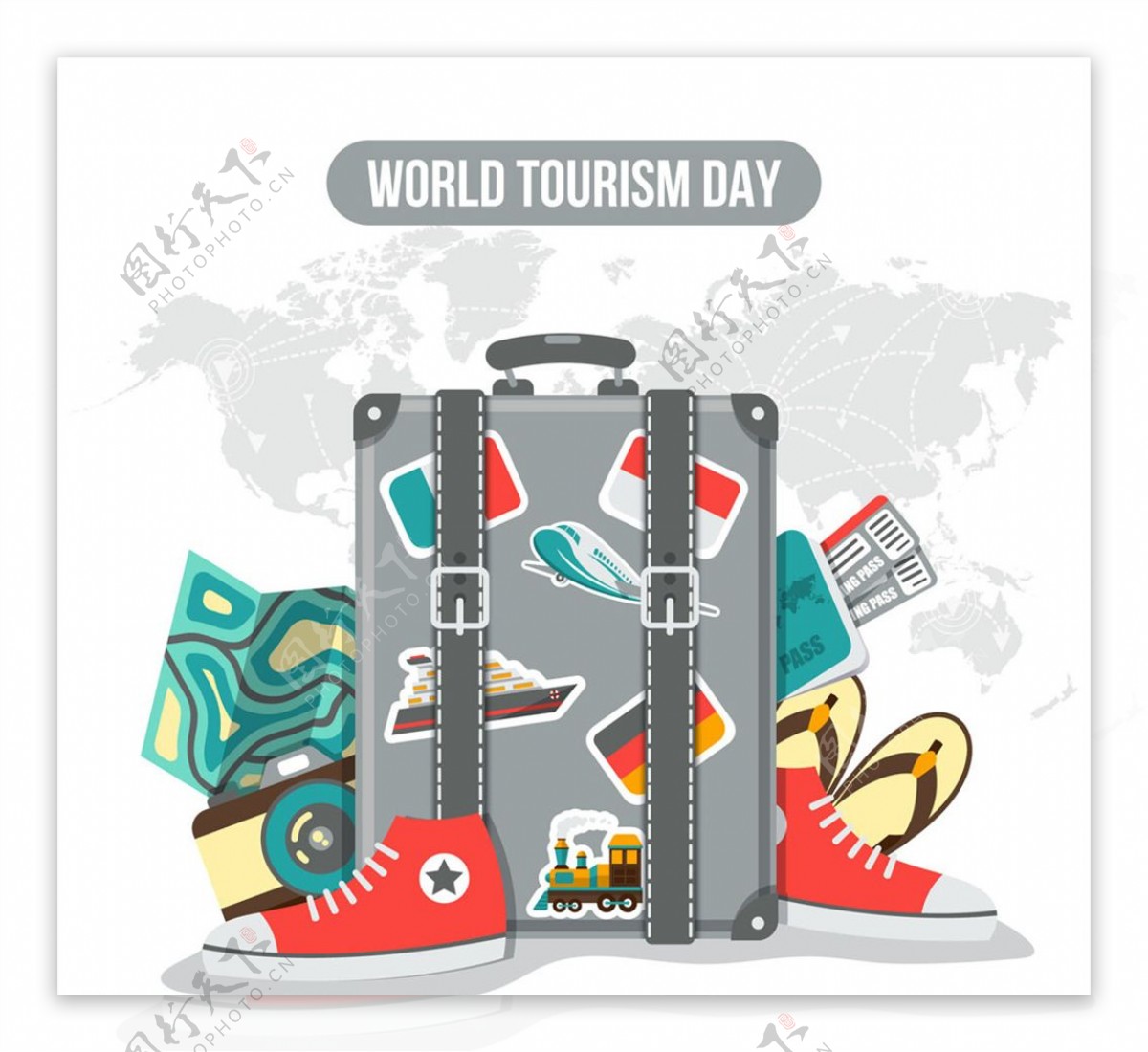 创意世界旅游日行李箱和必需品矢