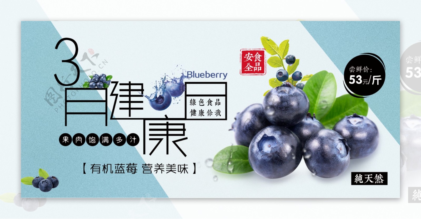 电商淘宝3月健康日蓝莓水果印章蓝色海报