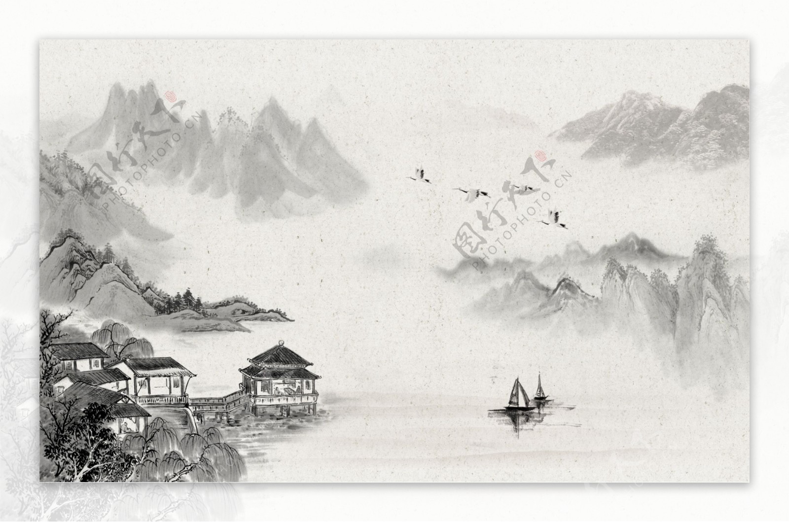 新中式抽象意境飞鸟背景墙装饰画