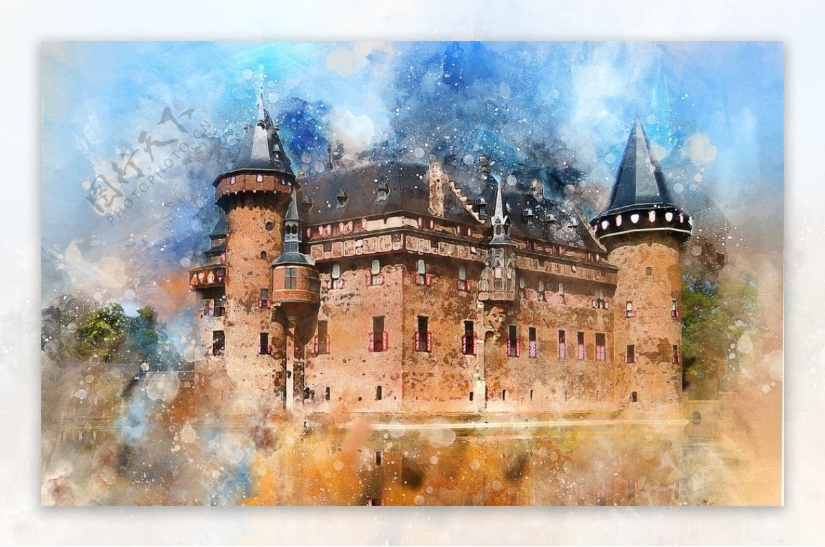 水彩装饰创意城堡建筑绘画