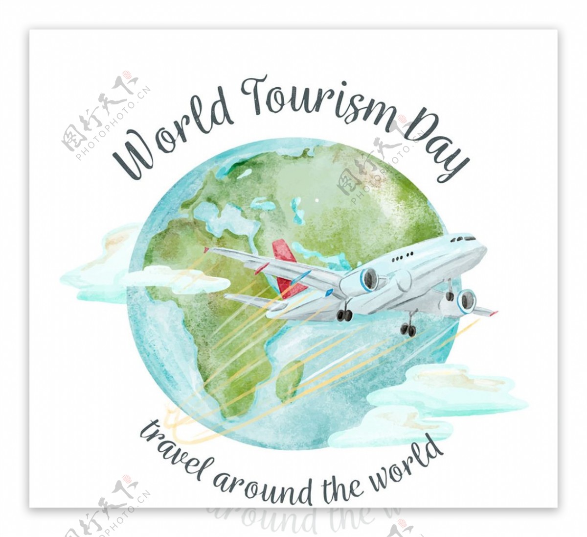 水彩绘世界旅游日地球和飞机