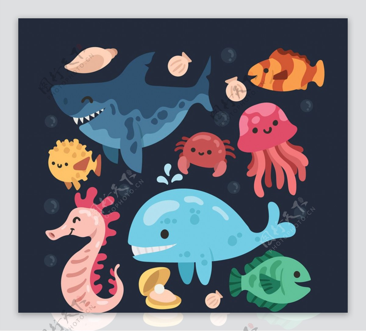 8款卡通海洋动物设计矢量素材