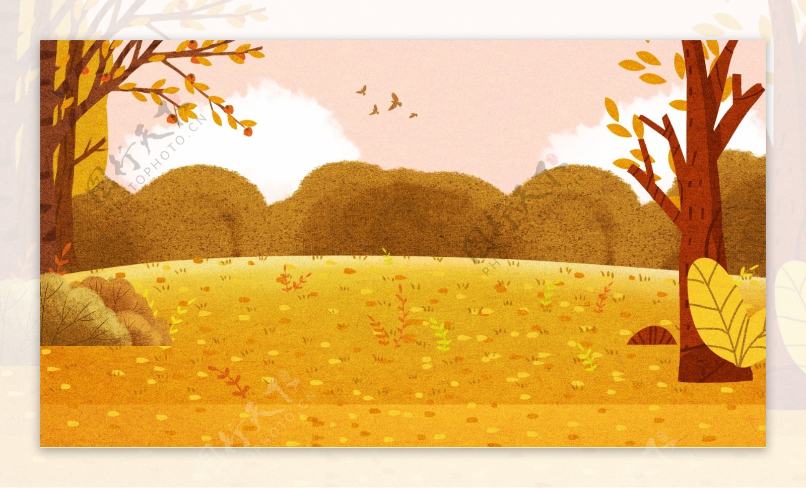 秋季郊外树林远山插画背景