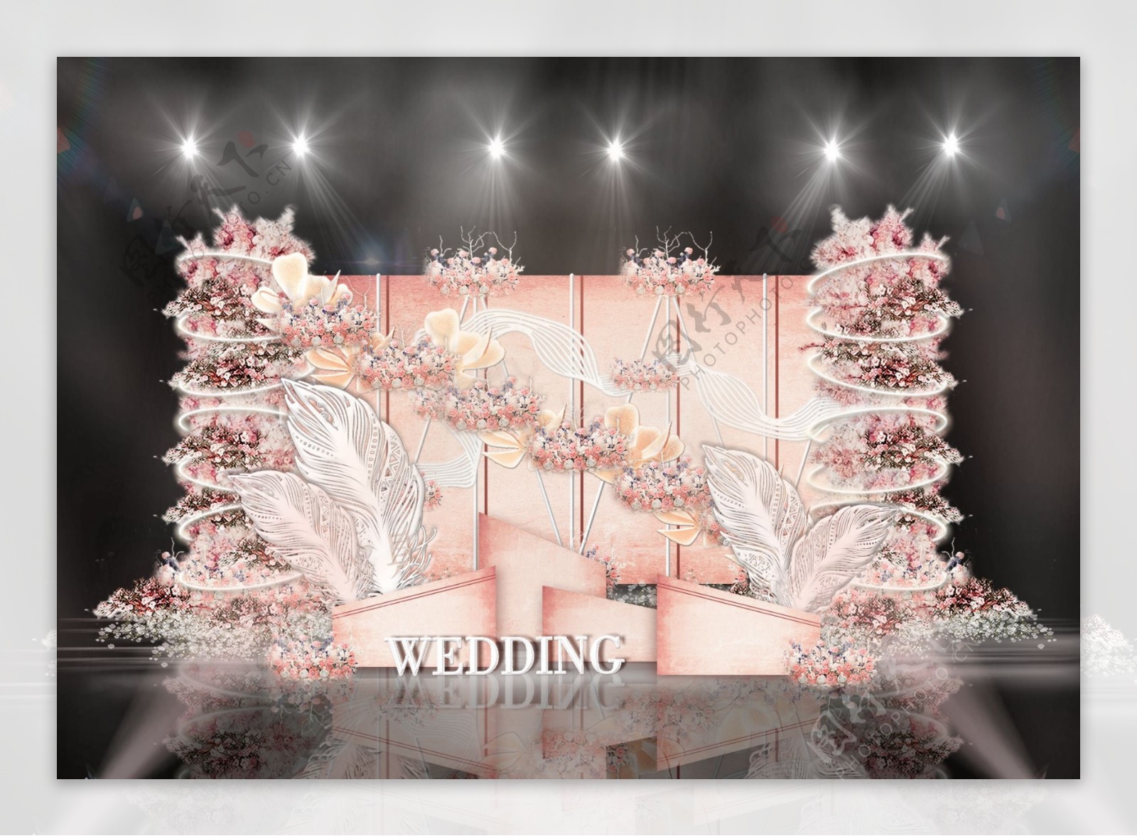 粉色线条雕塑背景圆环花艺造型婚礼效果图
