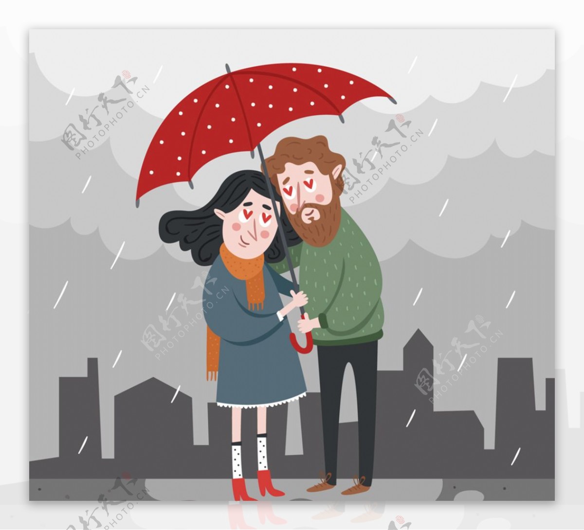 创意雨中撑伞的情侣