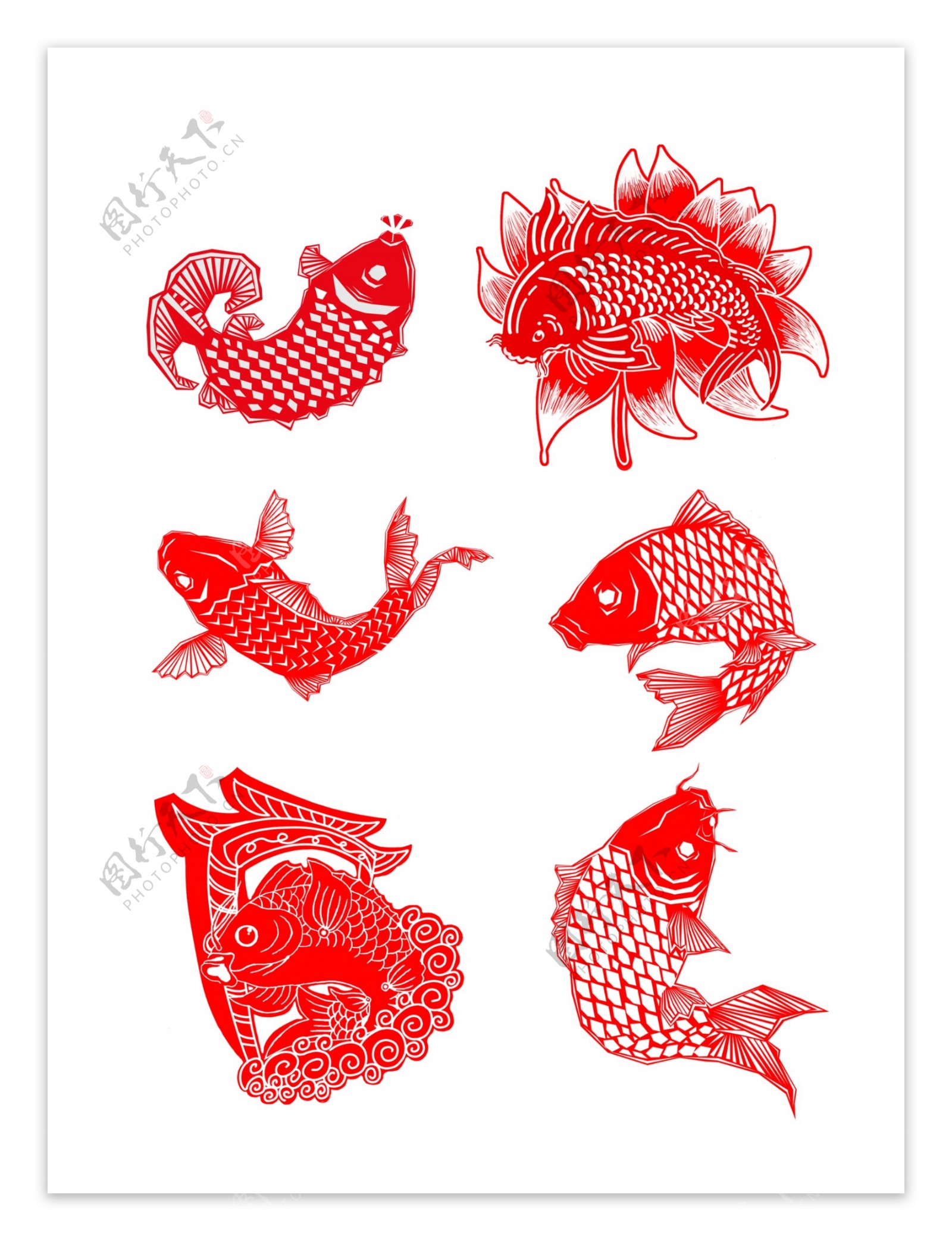 中国风创意鲤鱼窗花剪纸装饰图案套图合集
